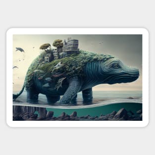 Dinosaur on water with buildings on top Magnet